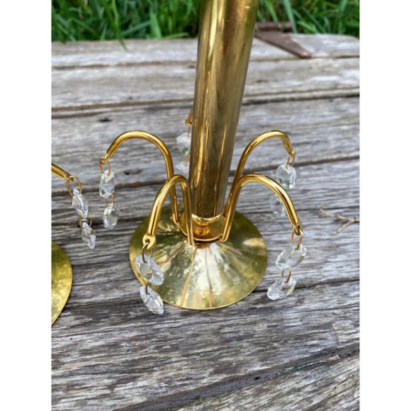 Vintage 1970s Small Brass Waterfall Crystal Candlestick Holders - Picture 10 of 11